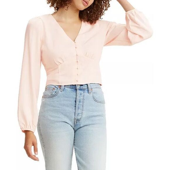 Levi's Women's Sophia Cotton Balloon Sleeve V Neck Top Pink Size Large - Picture 1 of 9